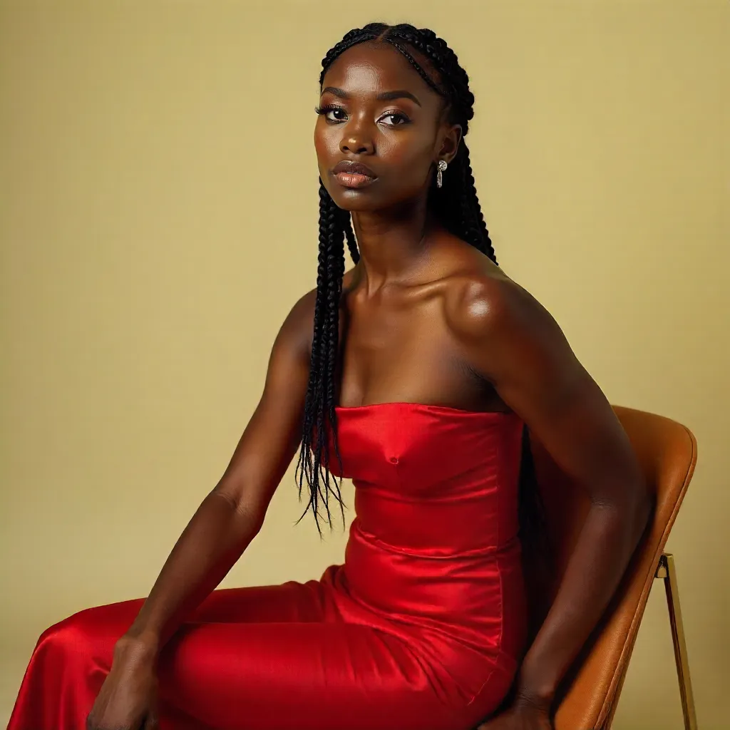 Elegant Red Dress with Long Braids Portrait