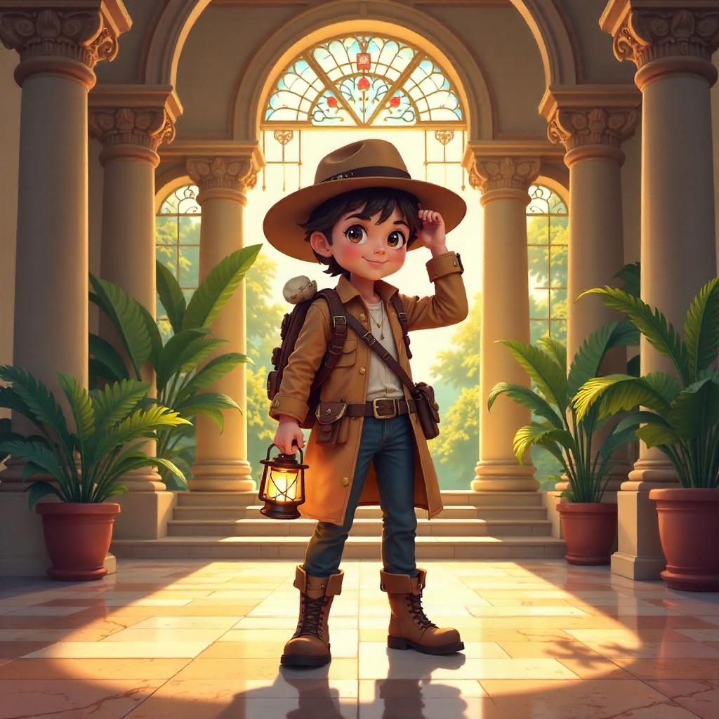 Explorer in an Anime Villa: Sunlit Grand Foyer