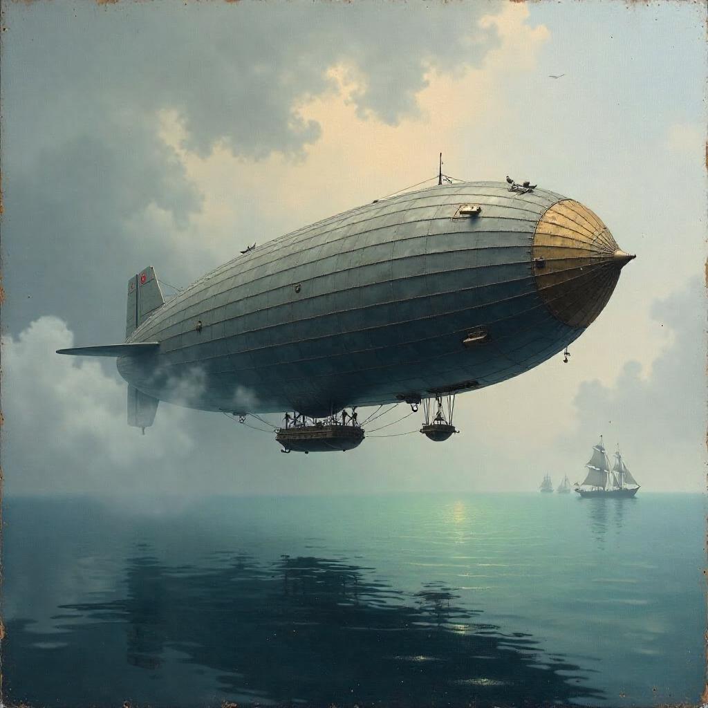 Fogbound Airship Over the Misty Sea (Oil Painting)