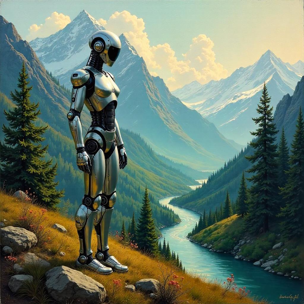 Android in a Mountain Valley - Oil Painting