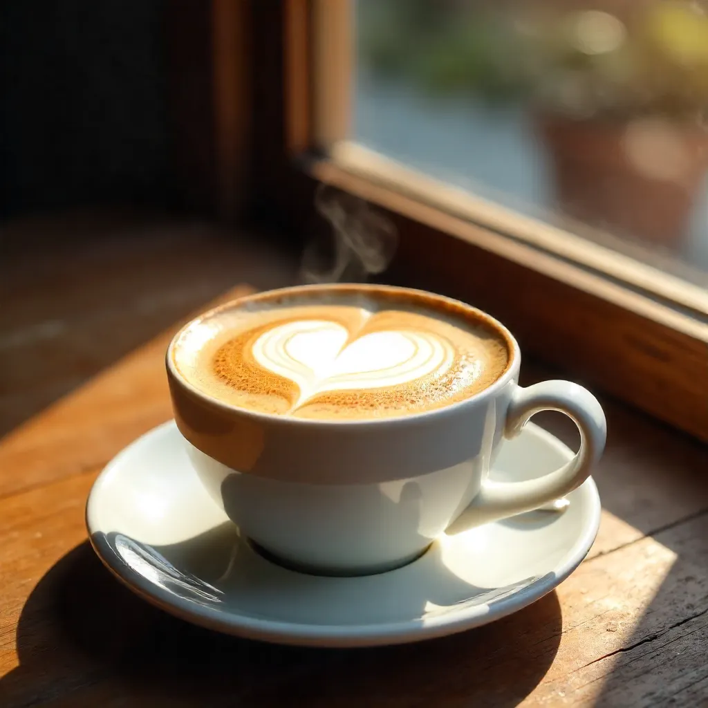 Heart Latte Art by Window Light on Wood Table