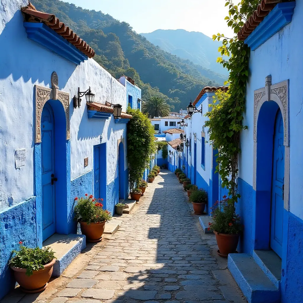 Blue Medina of Chefchaouen Against Lush Mountain Backdrop