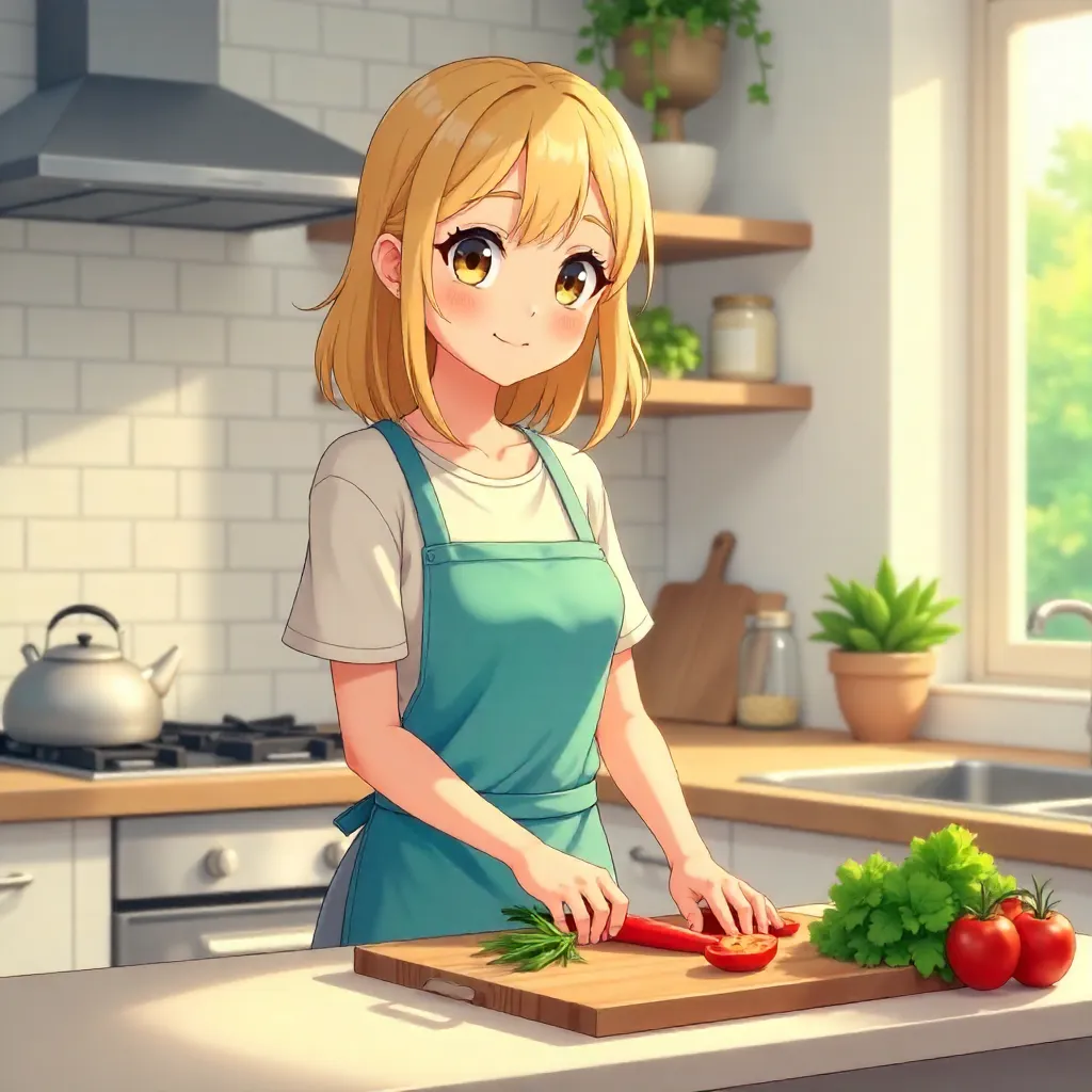 Anime-Style Young Woman Cooking in Modern Kitchen