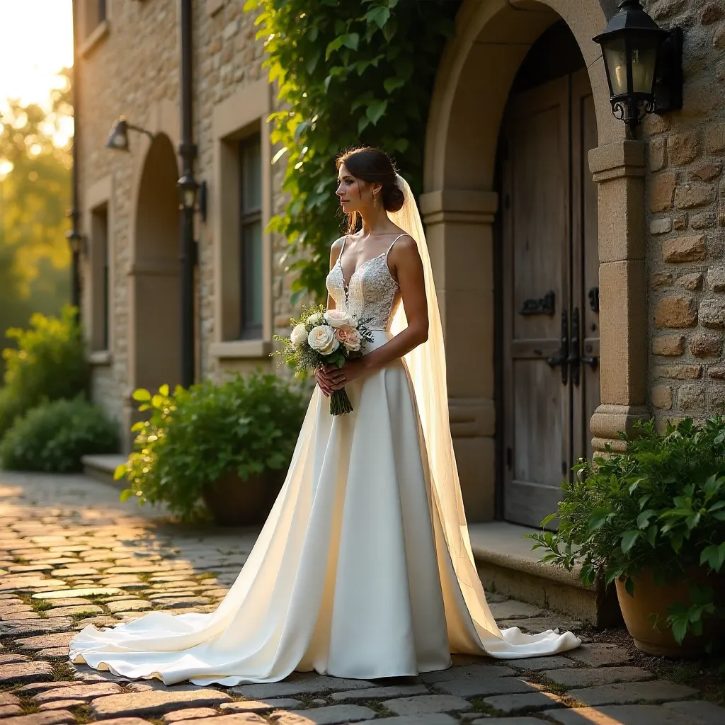 Timeless Romance: Bride Before a Rustic Historic Facade