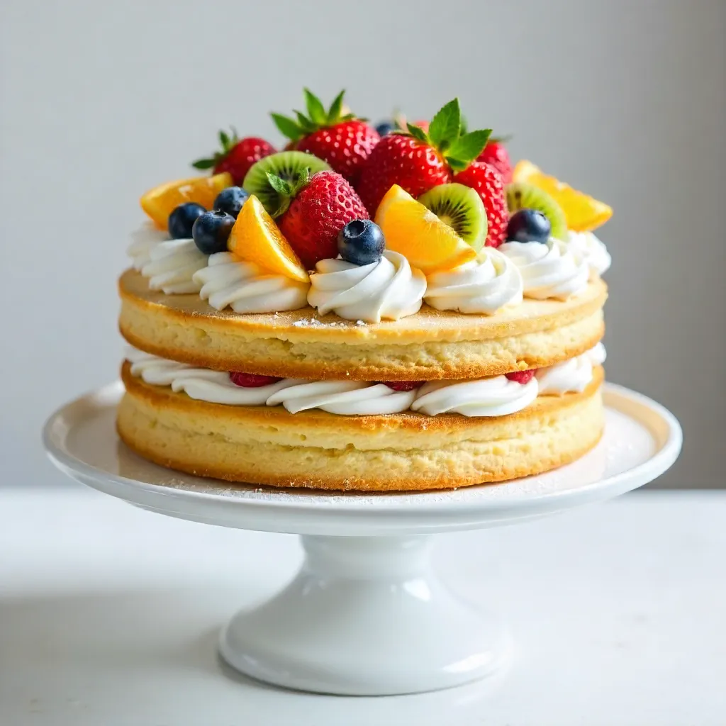 Glistening Sponge Cake with Fresh Fruit on a White Stand