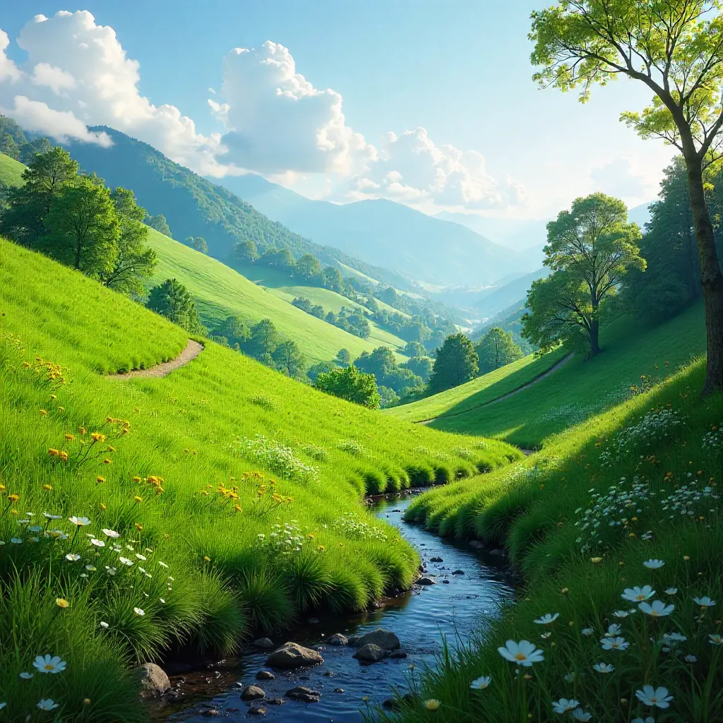 Mist-Kissed Hillside Under a Bright Tranquil Sky