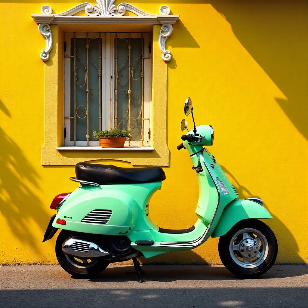 Mint Green Scooter by a Sunny Yellow Wall