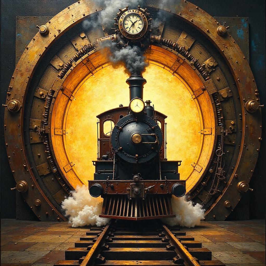 Time-Loop Express: An Oil Painting of a Train in a Time Machine