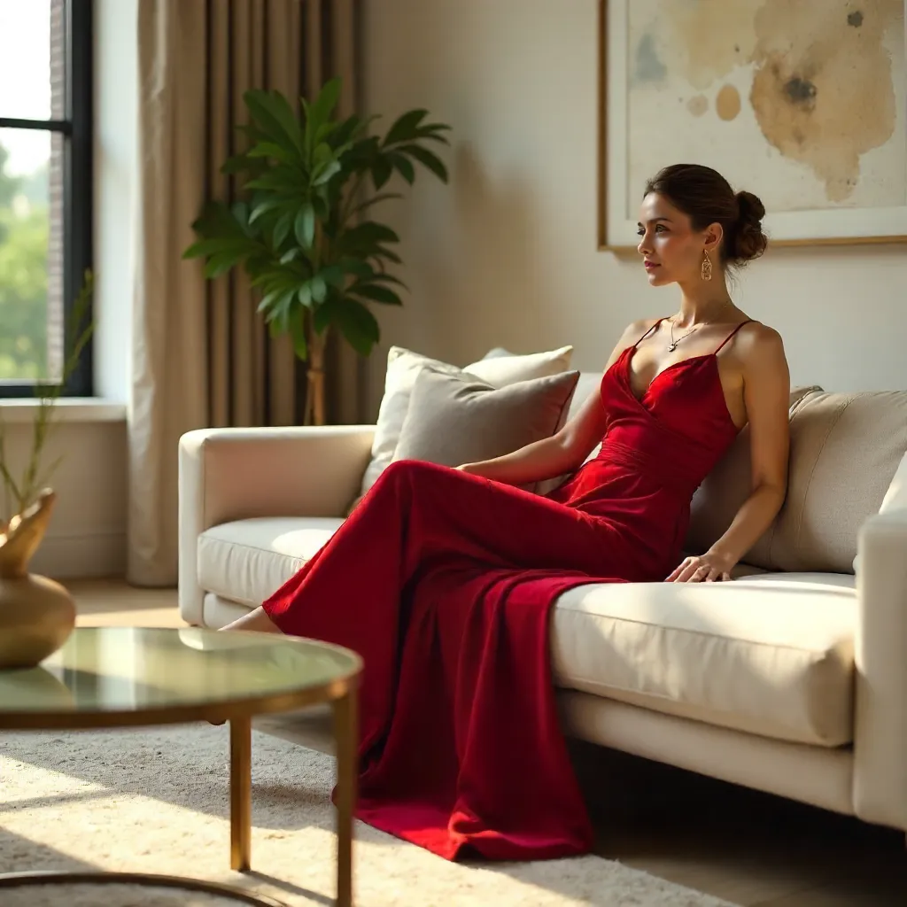 Elegant Red-Dress Recline in Modern Living Room