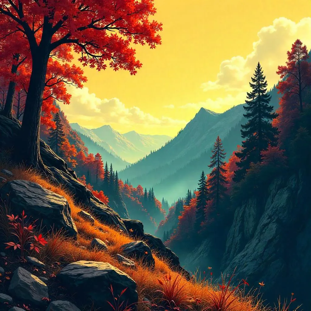 Plateau in an Autumn Forest Comic Book Style