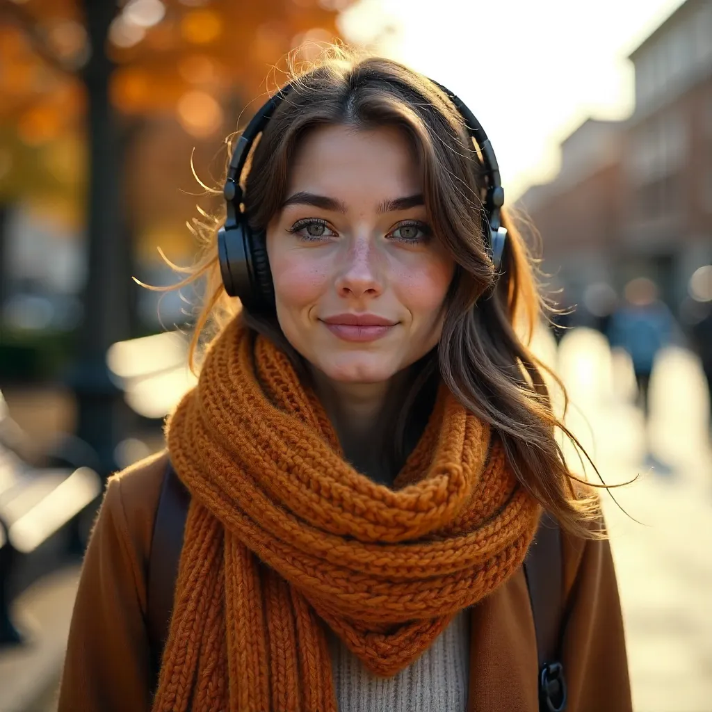 Autumnal Portrait: Woman in Scarf with Headphones Outdoors