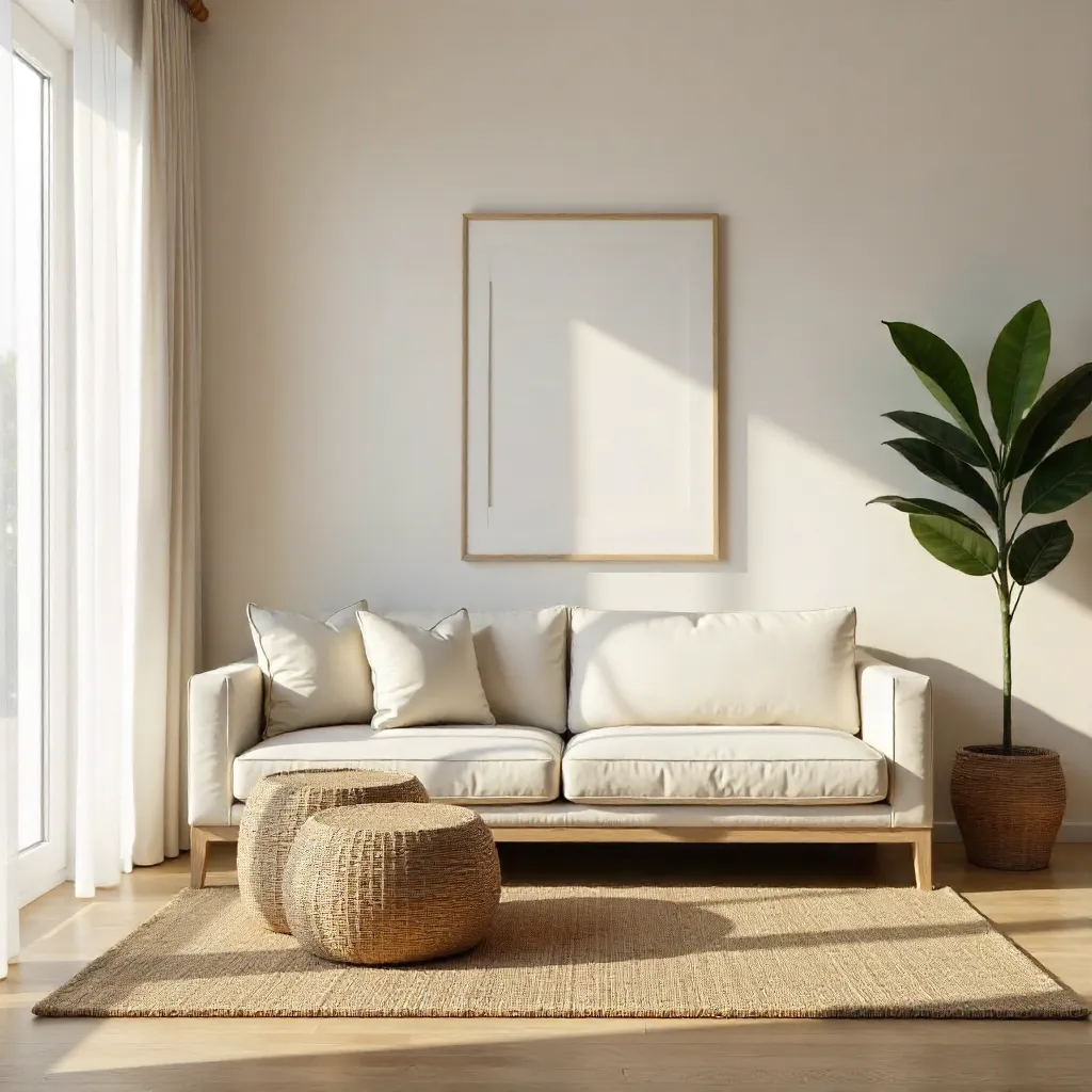 Elegant Minimalist Interior: Beige Sofa & Woven Stools