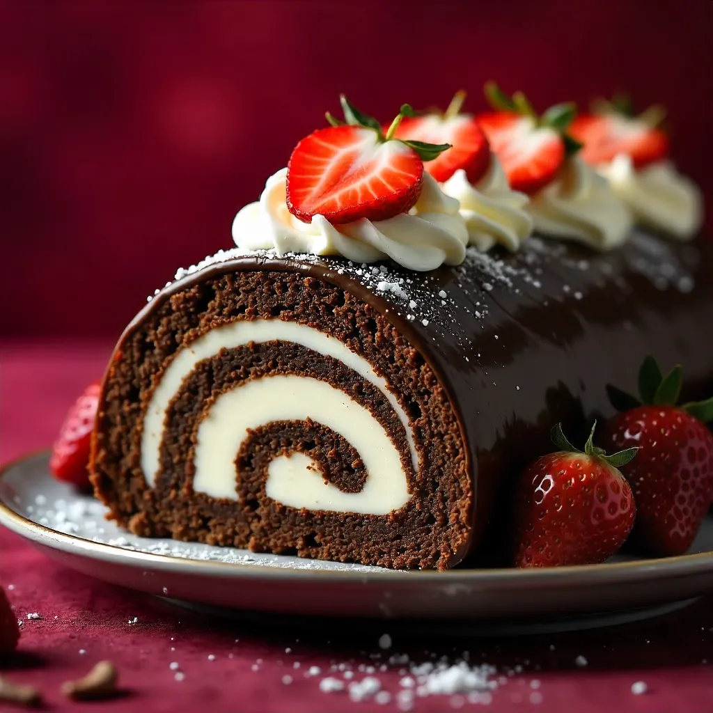 Tempting Strawberry Cream Log on Red Velvet Backdrop