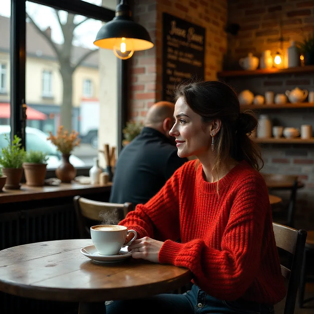Red-Sweater Moment in Valenciennes Café