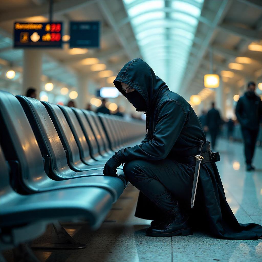 Photorealistic Ninja in a Bustling Airport