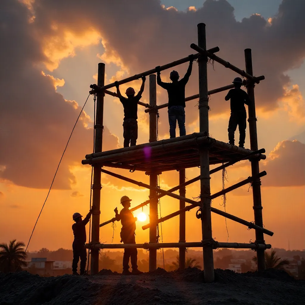 Silhouetted Workers Erecting Bamboo Scaffold at Sunset