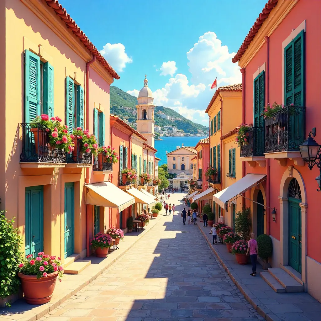 Sunlit Menton Street: Colorful Facades with Saint-Michel Basilica