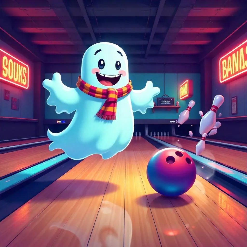 Playful Cartoon Ghost in a Neon Bowling Alley