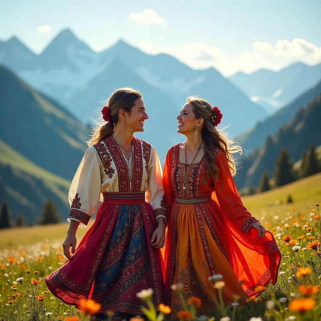 Joyful Couple in Vibrant Traditional Attire on a Mountain Vista
