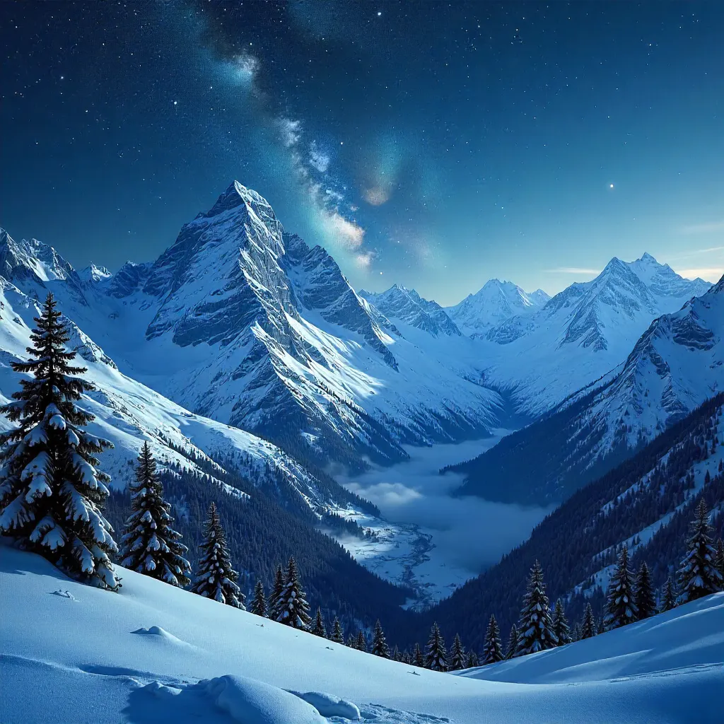 Starlit Snowy Peaks: Nighttime Panorama