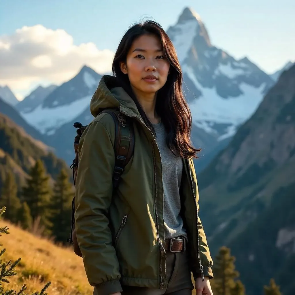 Radiant Asian Woman in Majestic Mountain Landscape
