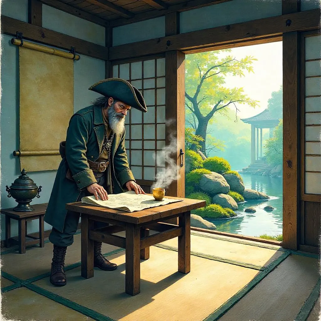 Watercolor Pirate in a Zen Temple