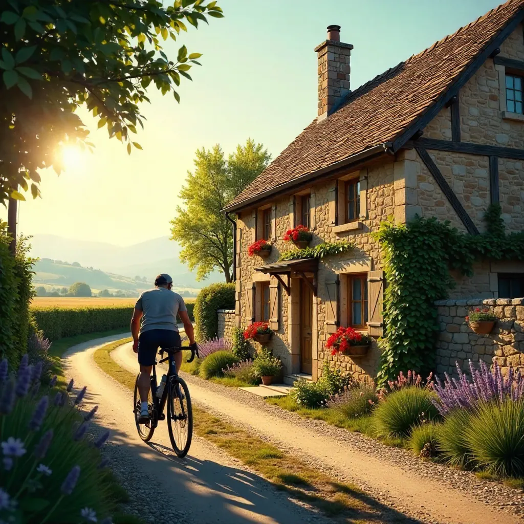 Blurred Cyclist and Rustic Cottage in Nuova Aquitania