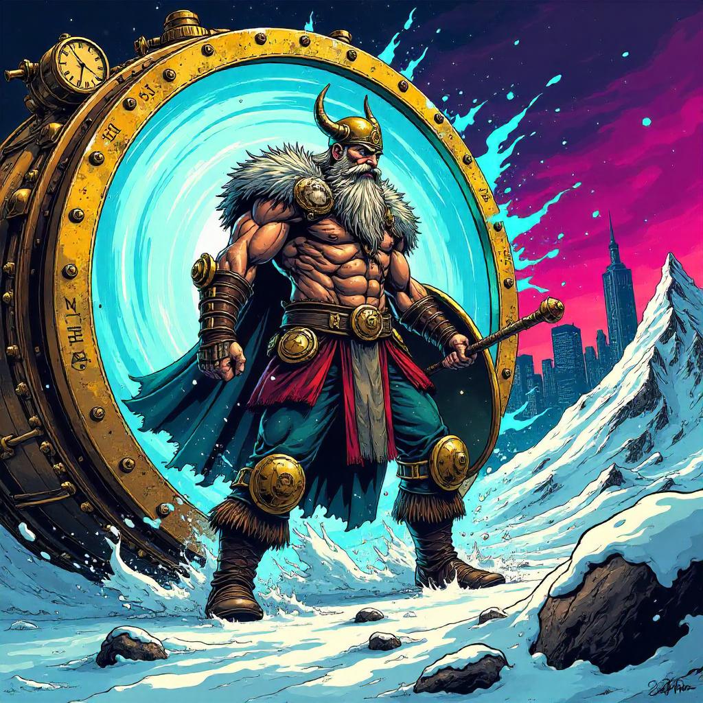 Viking Time-Traveling Hero in a Neon Comic Time Machine