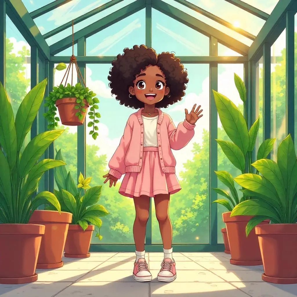 Cheerful Black Girl in a Glass Conservatory - Anime Style