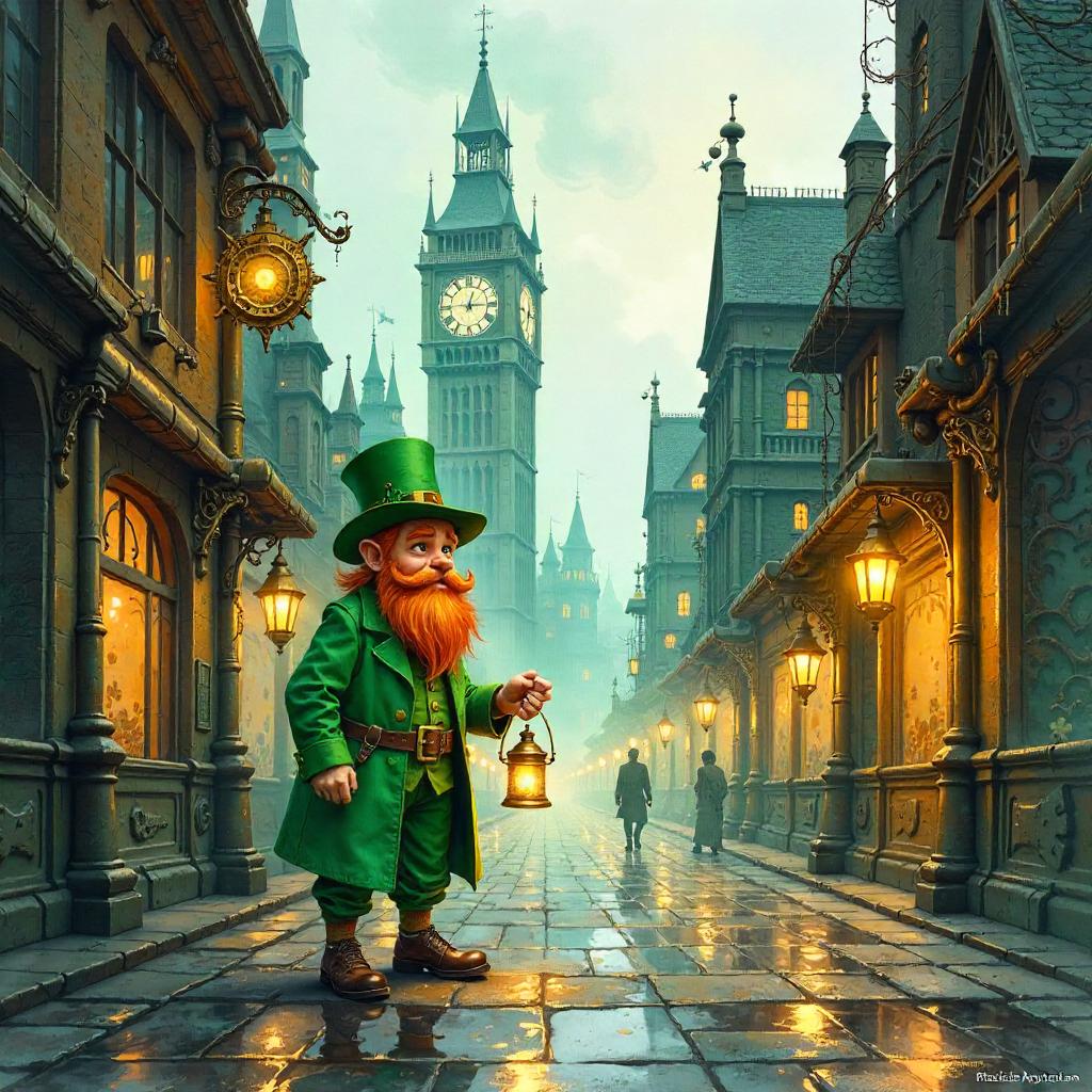 Whimsical Leprechaun Among Clockwork Towers