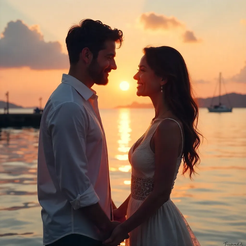 Holding Hands by a Tranquil Waterfront Sunset