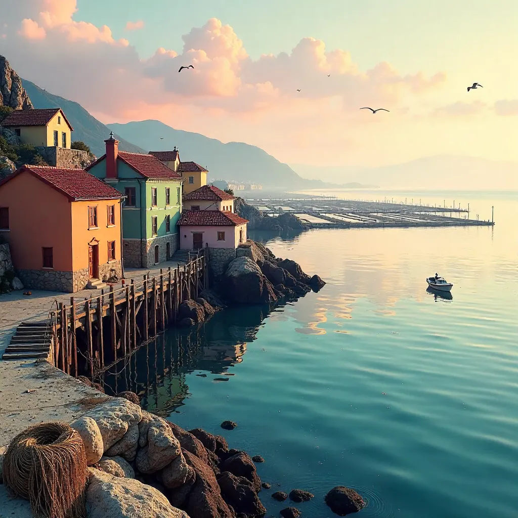 Serene Coastal Village Overlooking Sea Farms
