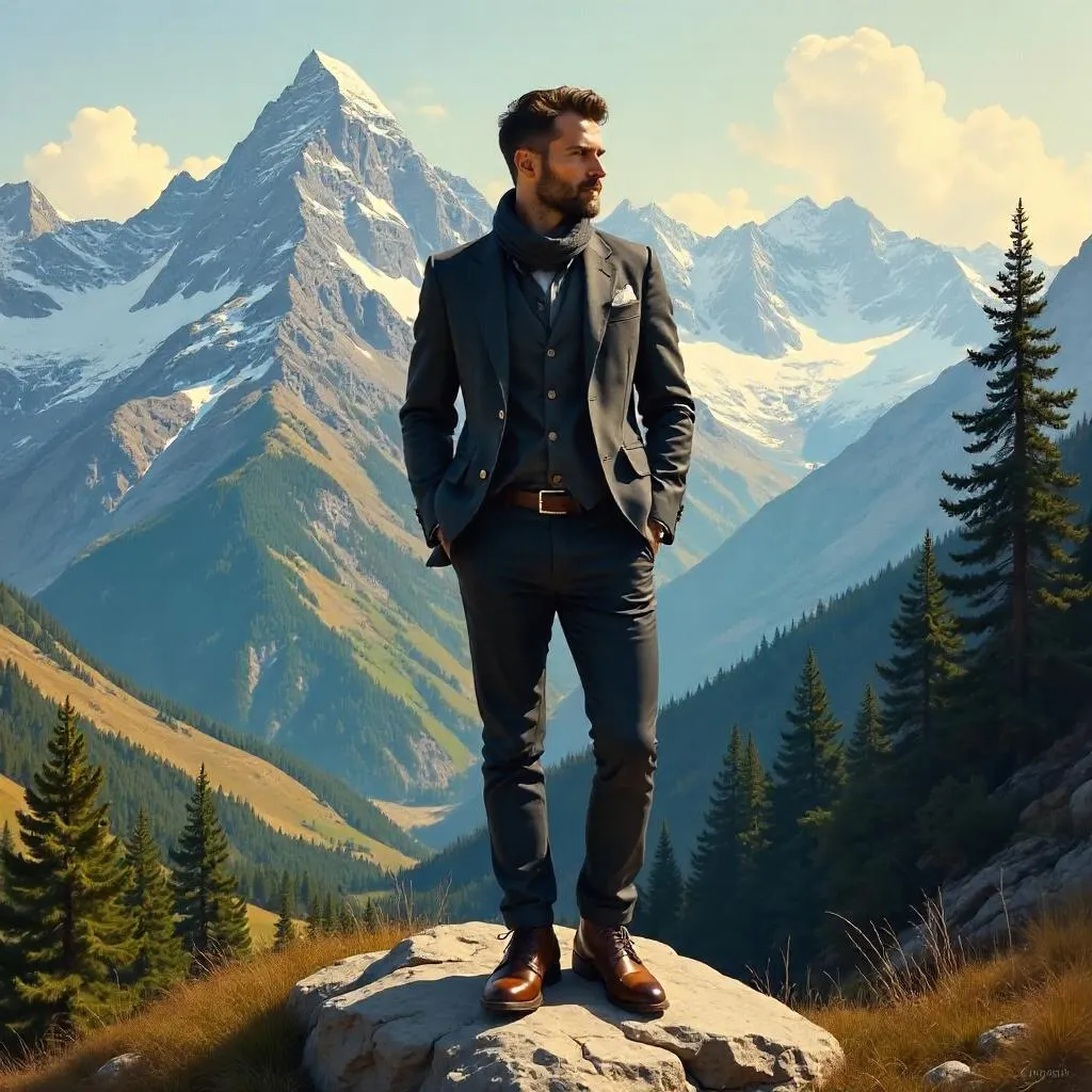 Stylish Caucasian Man in Mountain Oil Portrait