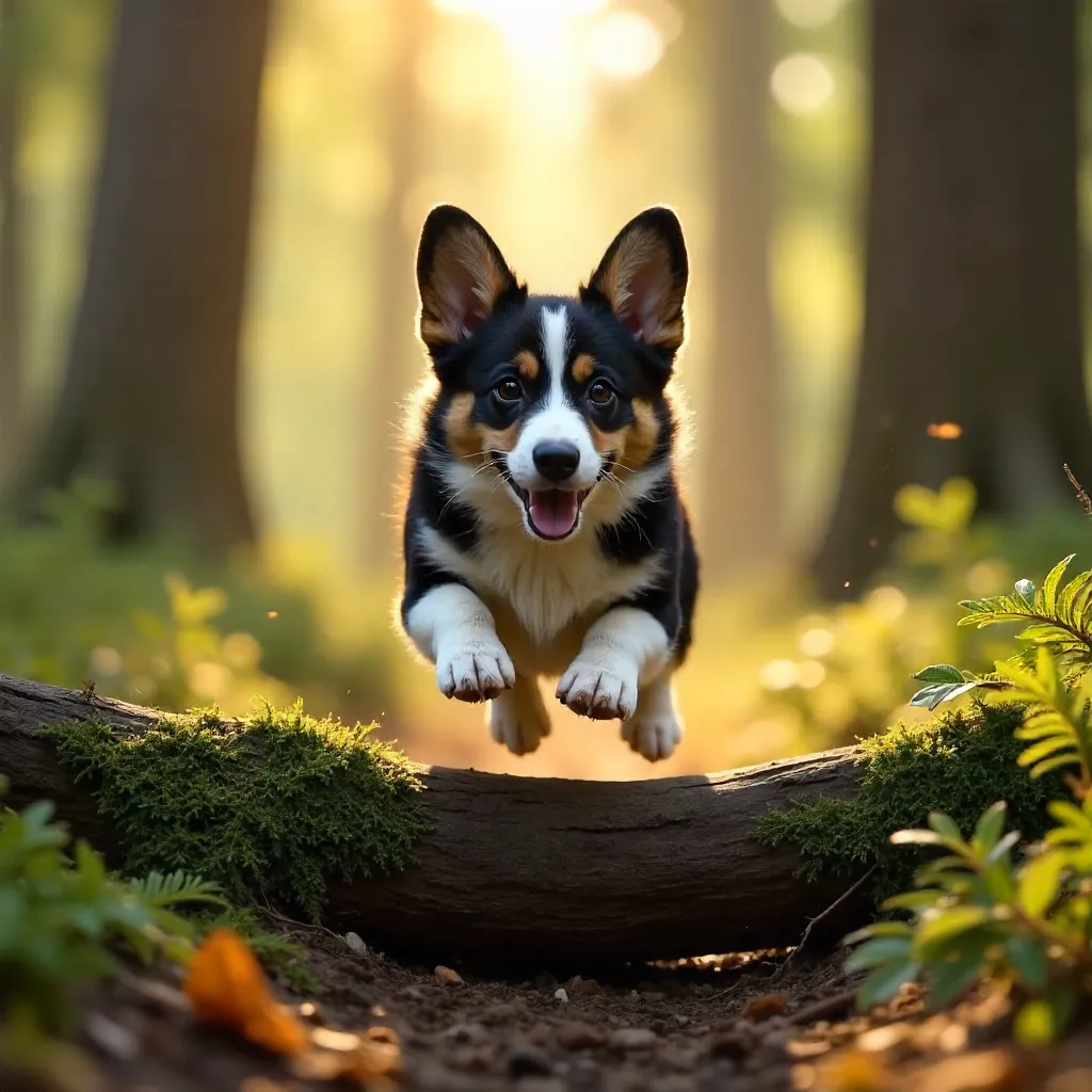 Sunlit Forest Leap: Black and White Corgi