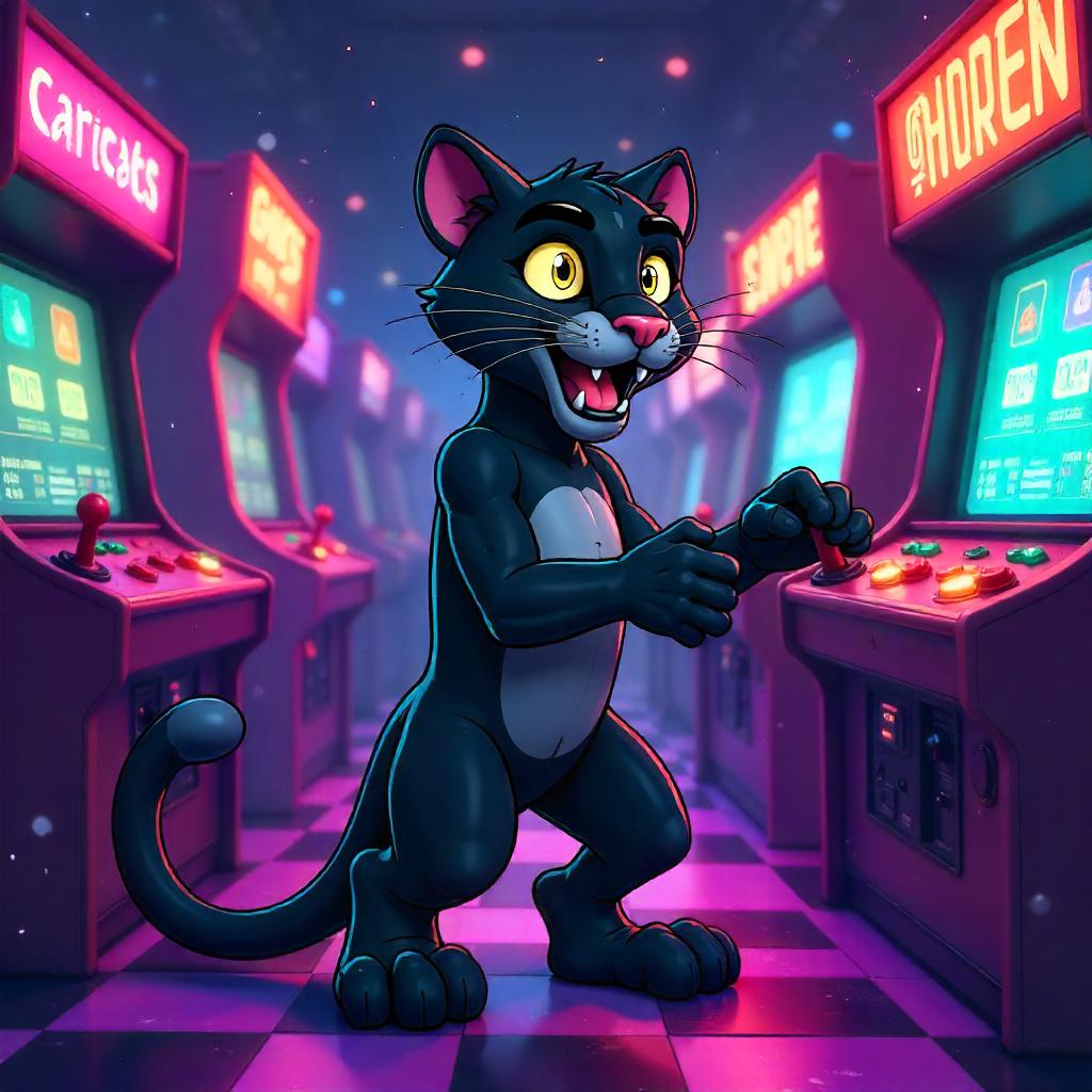 Panther in a Neon Arcade - Cartoon Style
