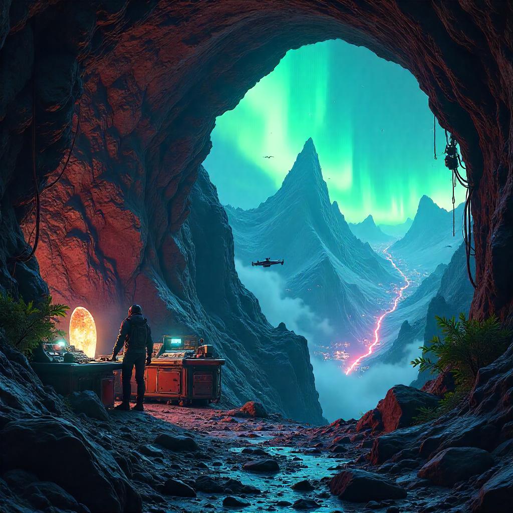 Neon Caverns on a Cyberpunk Mountain Planet