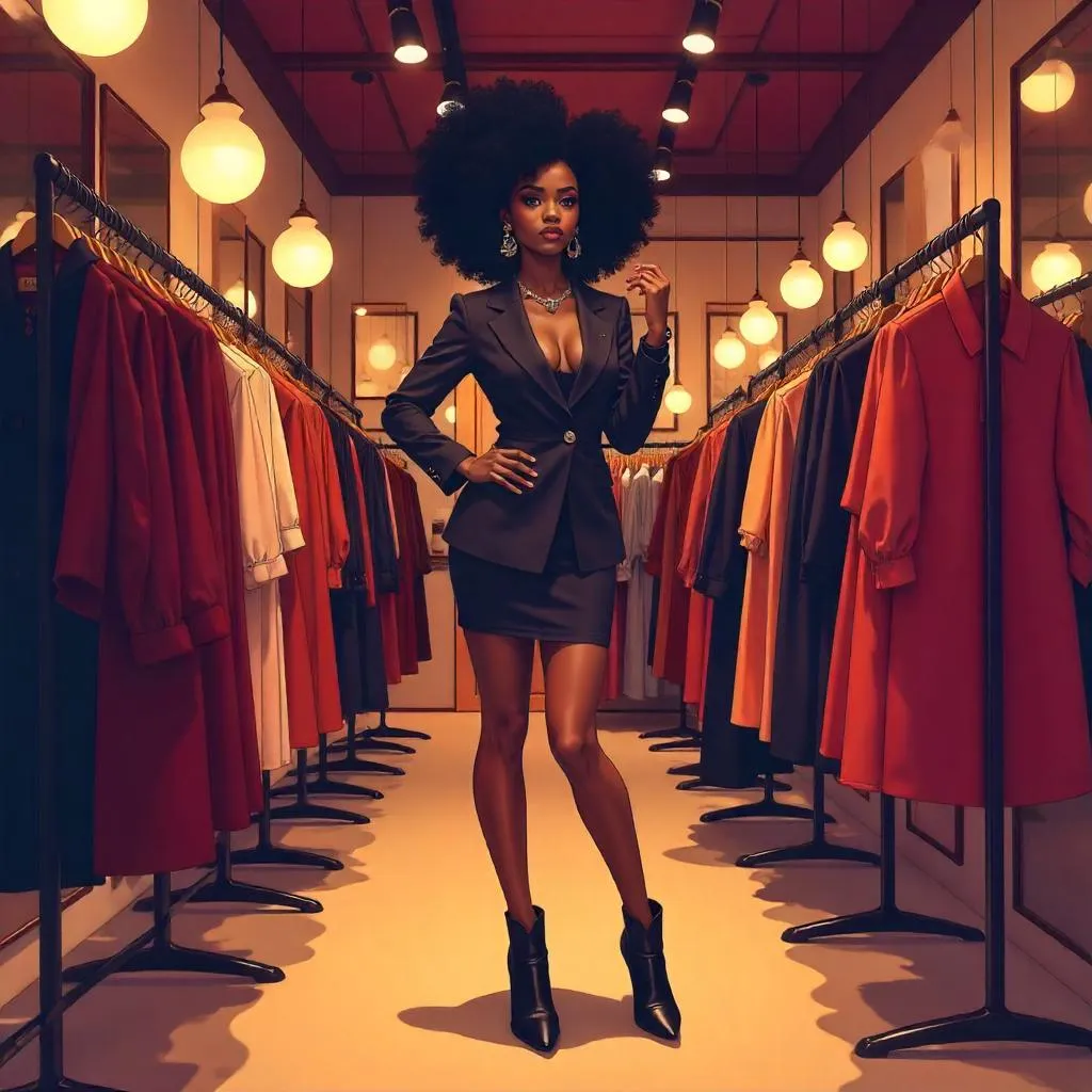 Confident Black Woman in a Chic Anime Boutique