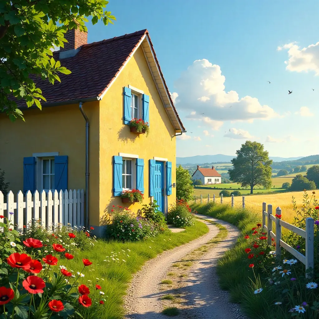 Sunlit Yellow Cottage with Blue Shutters in the Countryside