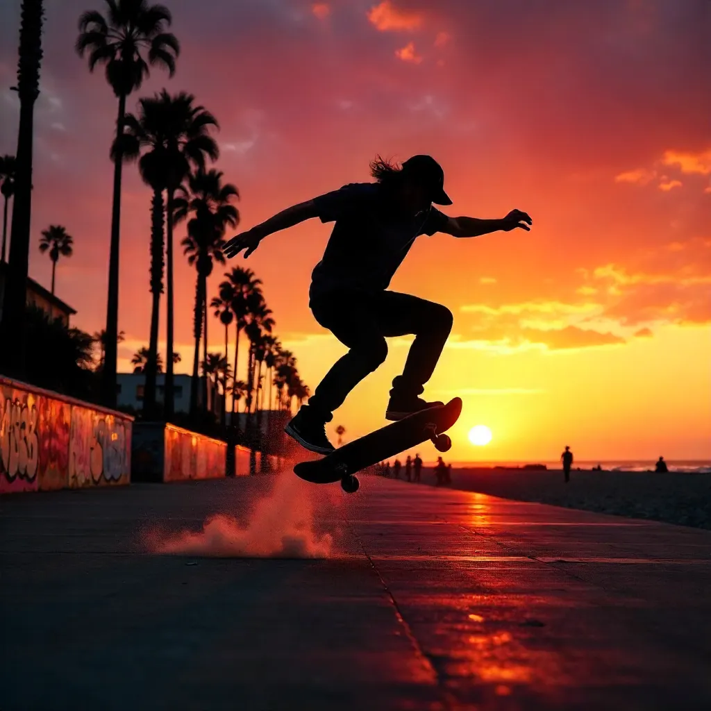 Silhouette Skater at Sunset Over Venice Beach