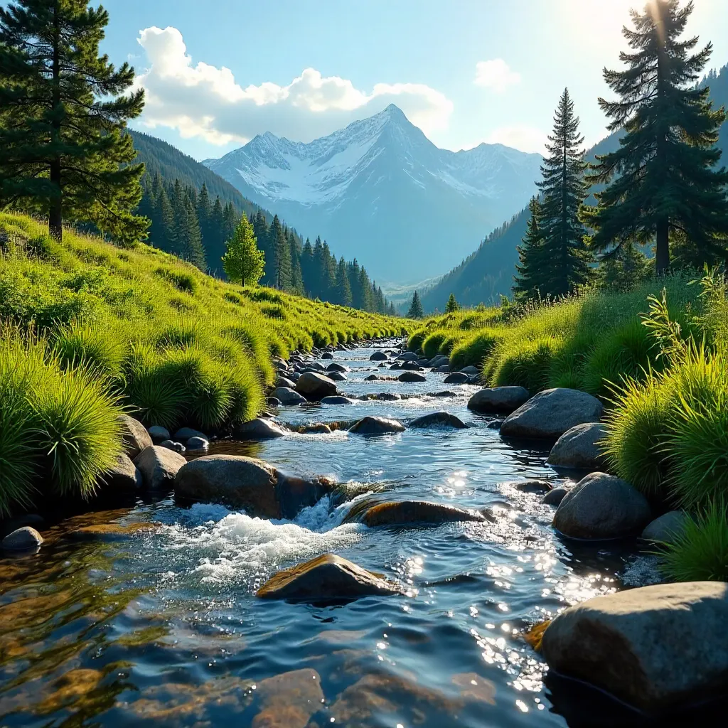 Tranquil Mountain Stream in Lush Alpine Greens