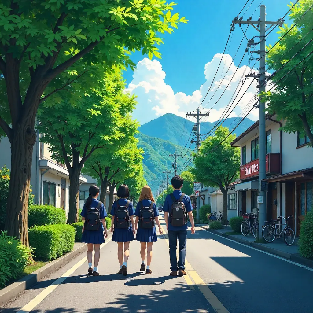Sunny Japanese Street Scene: Students Walking with Mountain Backdrop