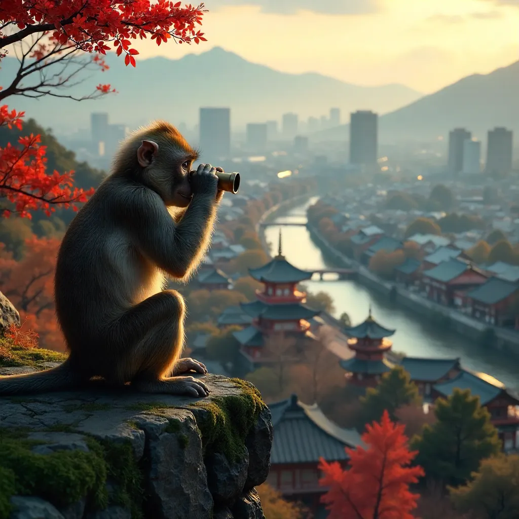 Macaque Over Kyoto: Binocular View