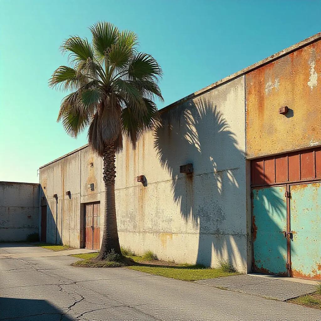 Lone Palm Shadow Across an Industrial Wall