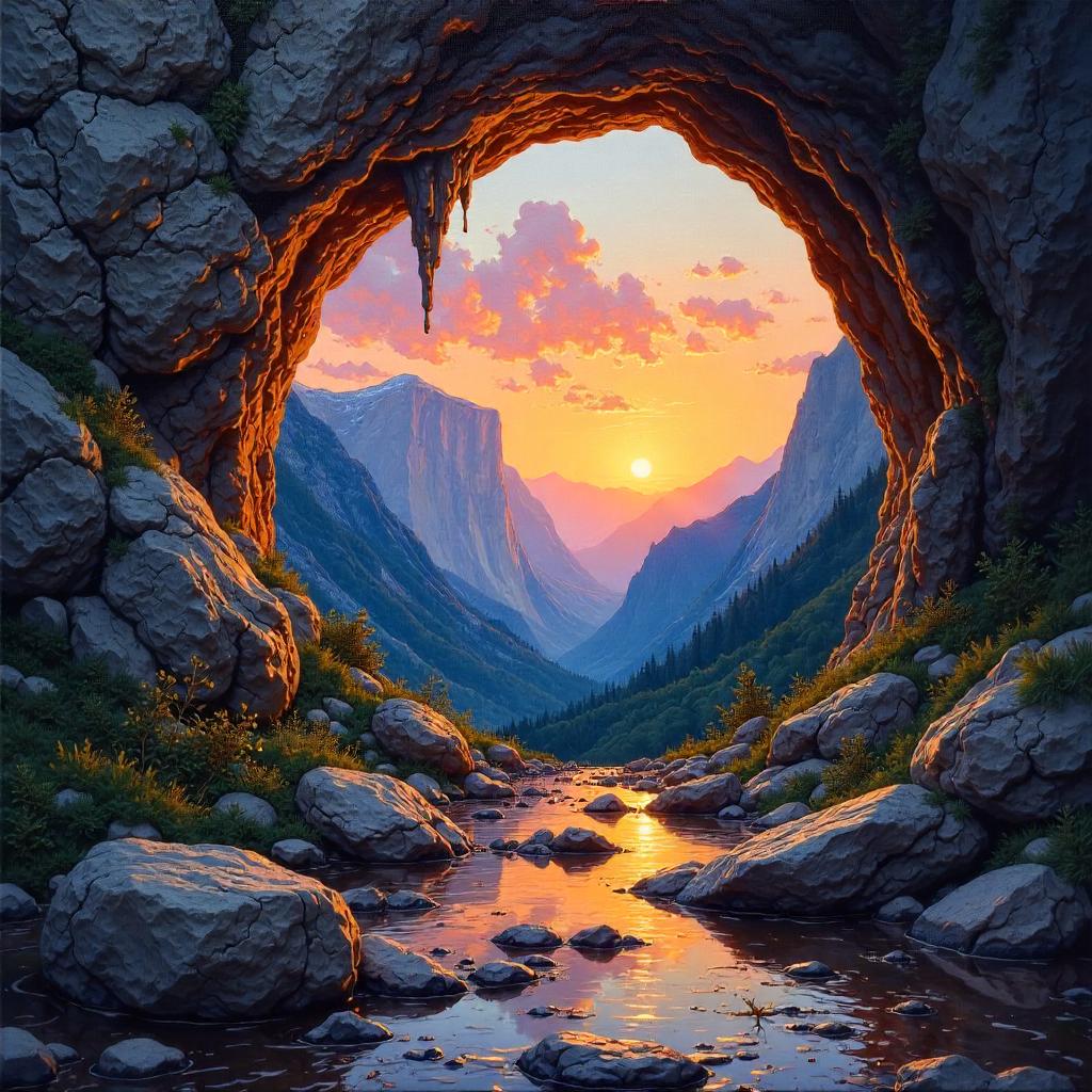 Sunset in a Mountain Cave: An Oil Painting