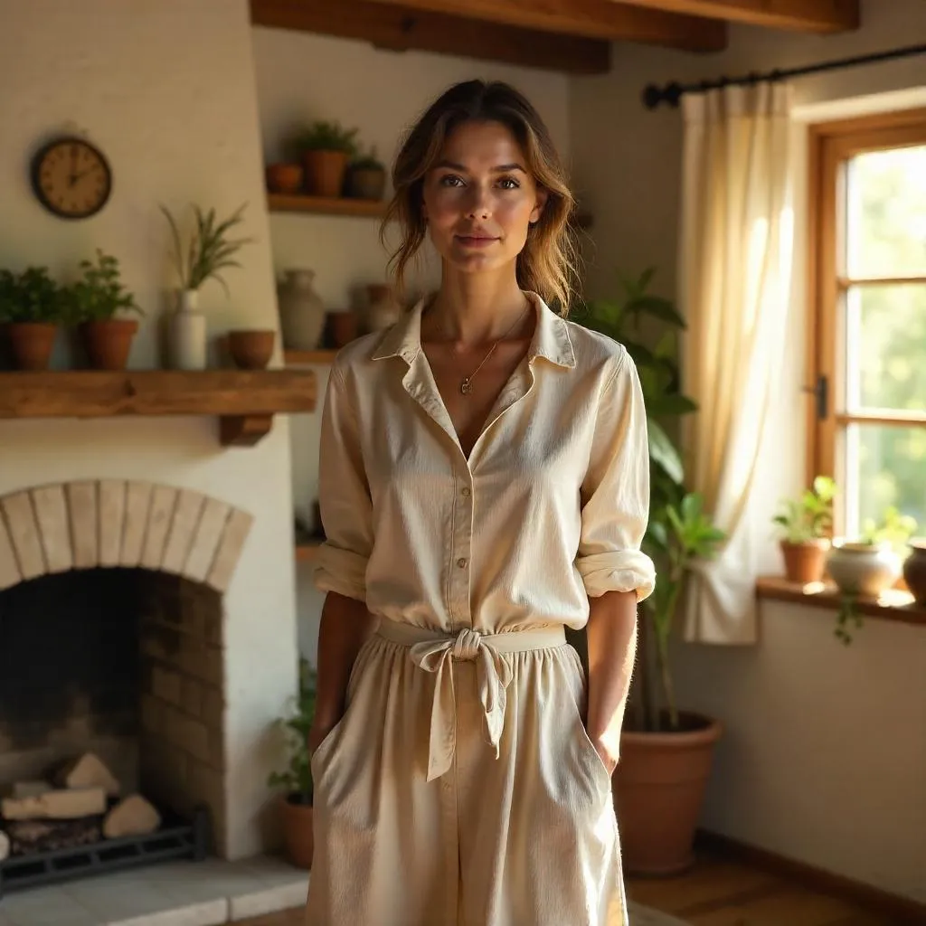 Confident Woman in a Sunlit Cottage