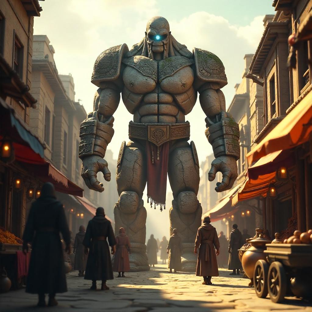 Stone Golem in a Bustling Market – 3D Render