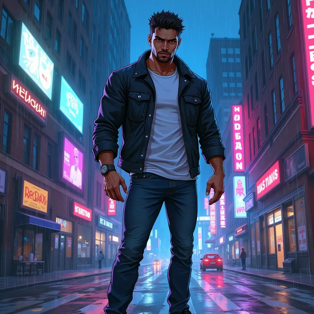 Urban Neon: Strong Latino Man in Anime Style