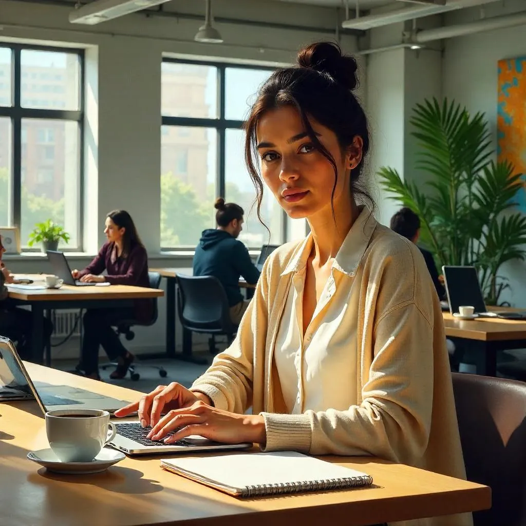 Oil Painting: Young Middle Eastern Woman in a Coworking Space