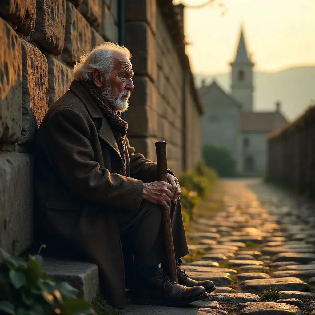 An Elderly Man Reflects by an Ancient Stone Wall