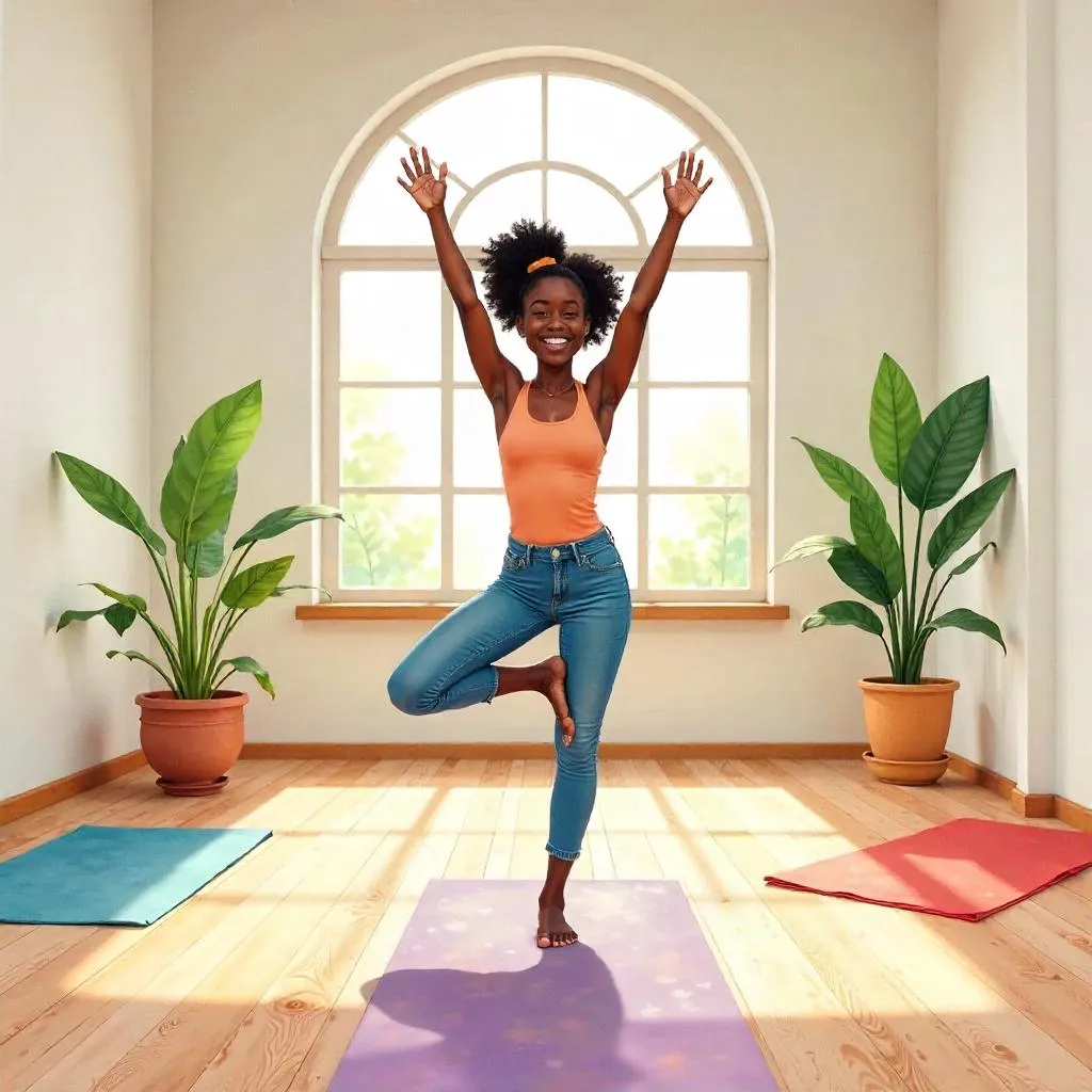 Cheerful Black Girl in a Watercolor Yoga Studio